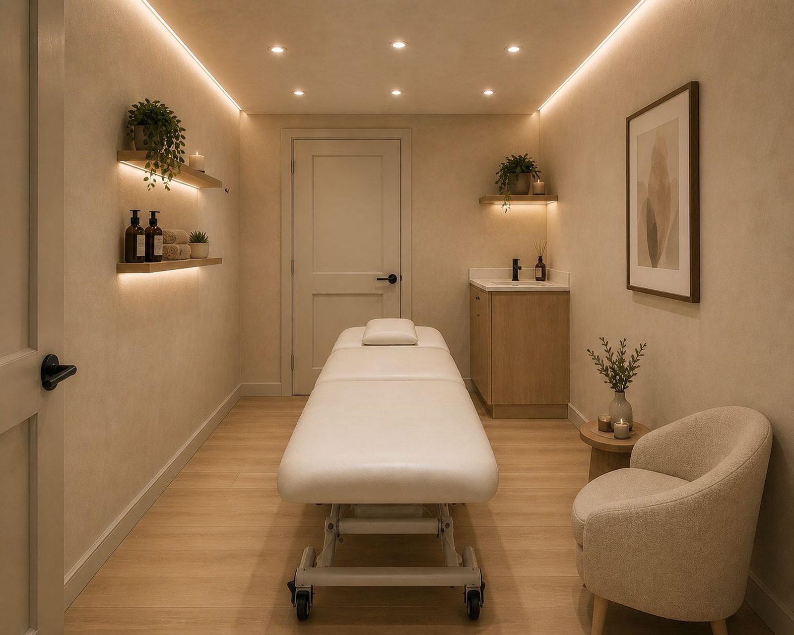 The Lymph Flows treatment room — warm, softly-lit and calming
